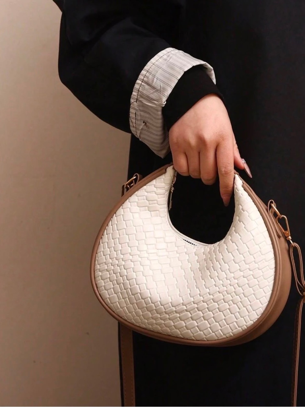 Woven Crescent Shoulder Bag in White and Tan